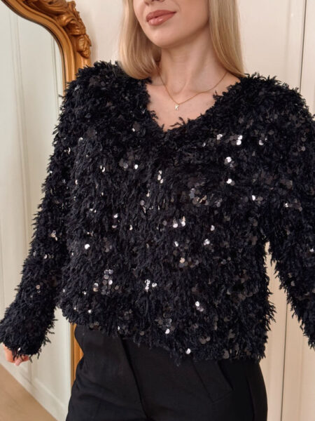 Sweter cekiny i piórka Blissful - czerń - L