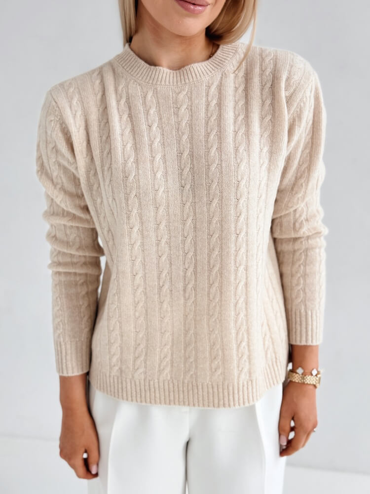 Sweter w warkoczowy splot - 100% wełna merino - beż - obrazek 8