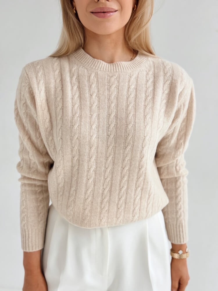 Sweter w warkoczowy splot - 100% wełna merino - beż - obrazek 6