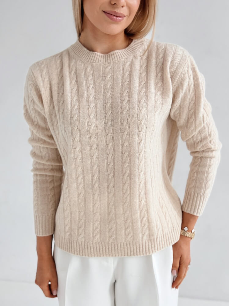 Sweter w warkoczowy splot - 100% wełna merino - beż - obrazek 5