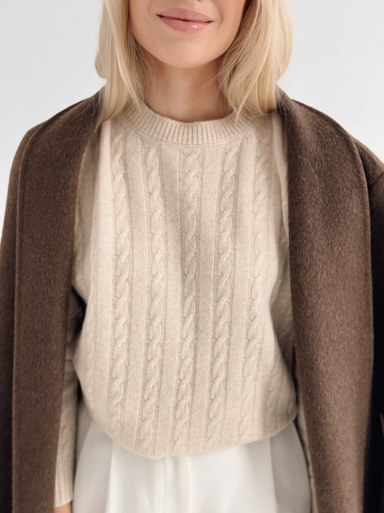 Sweter w warkoczowy splot - 100% wełna merino - beż - obrazek 13