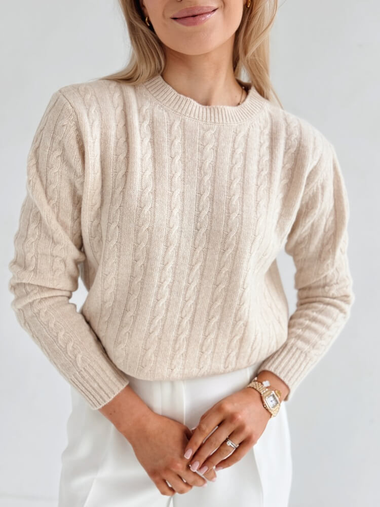 Sweter w warkoczowy splot - 100% wełna merino - beż - obrazek 12