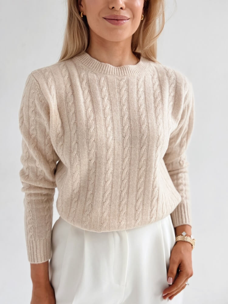 Sweter w warkoczowy splot - 100% wełna merino - beż - obrazek 11