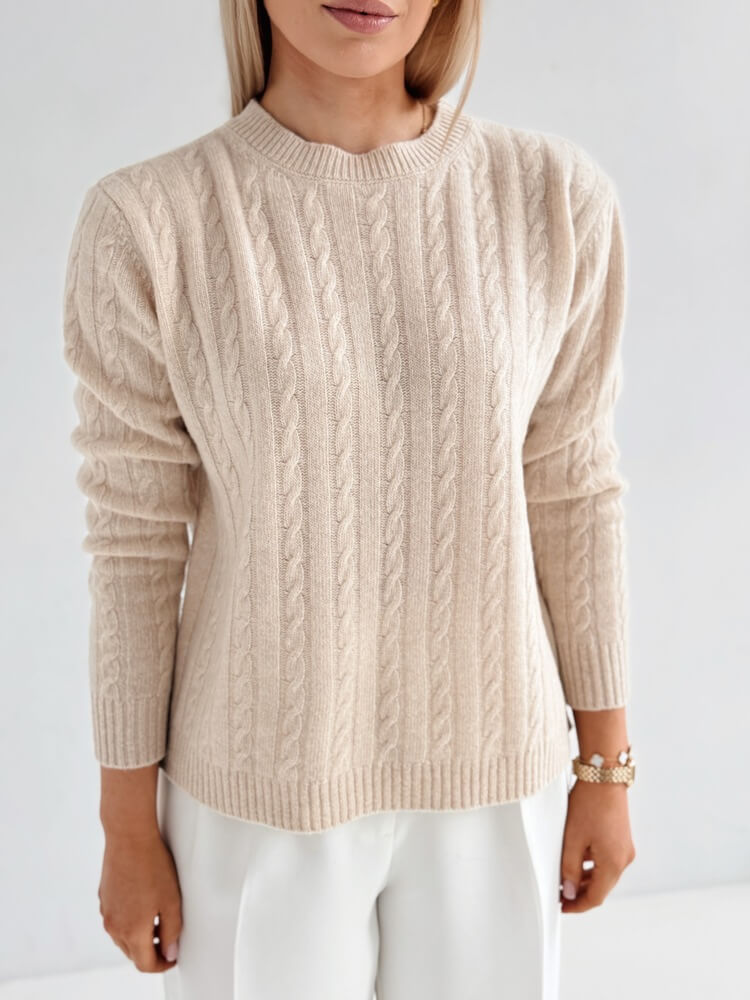 Sweter w warkoczowy splot - 100% wełna merino - beż - obrazek 10