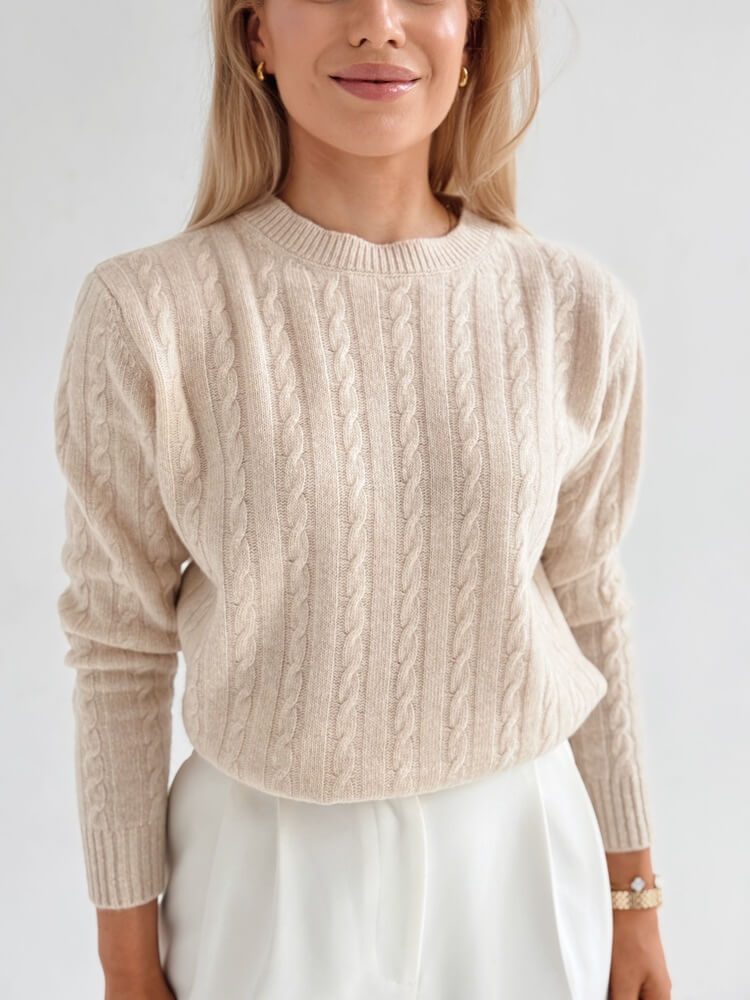 Sweter w warkoczowy splot - 100% wełna merino - beż - obrazek 9