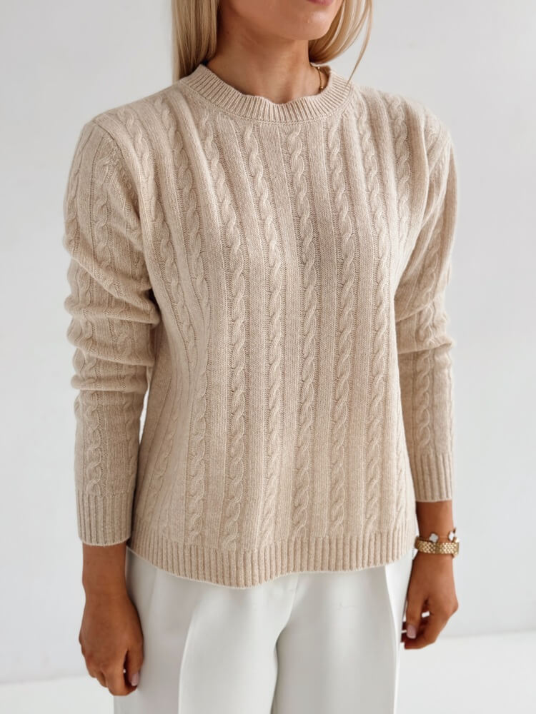 Sweter w warkoczowy splot - 100% wełna merino - beż - obrazek 3